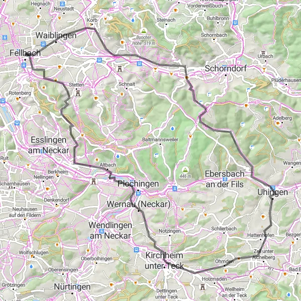 Karten-Miniaturansicht der Radinspiration "Kultur- und Naturtour ab Fellbach" in Stuttgart, Germany. Erstellt vom Tarmacs.app-Routenplaner für Radtouren