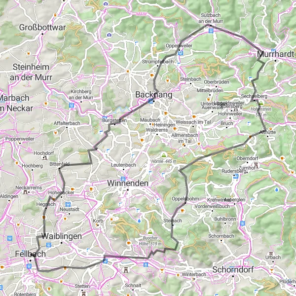 Map miniature of "Fellbach and Surroundings" cycling inspiration in Stuttgart, Germany. Generated by Tarmacs.app cycling route planner