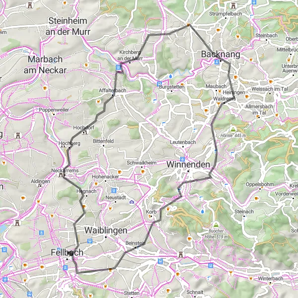 Karten-Miniaturansicht der Radinspiration "Roadbike-Tour durch Lemberg und Korb" in Stuttgart, Germany. Erstellt vom Tarmacs.app-Routenplaner für Radtouren