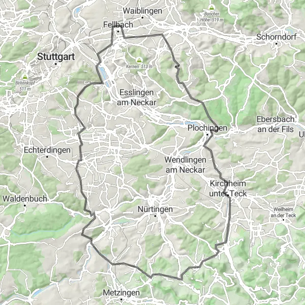 Map miniature of "The Fellbach Loop" cycling inspiration in Stuttgart, Germany. Generated by Tarmacs.app cycling route planner