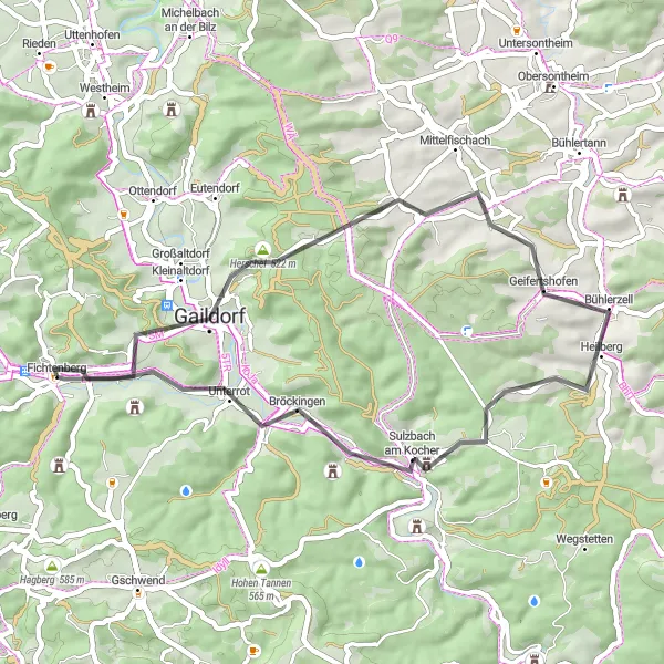 Karten-Miniaturansicht der Radinspiration "Gemütliche Runde durch Gaildorf und Bühlerzell" in Stuttgart, Germany. Erstellt vom Tarmacs.app-Routenplaner für Radtouren