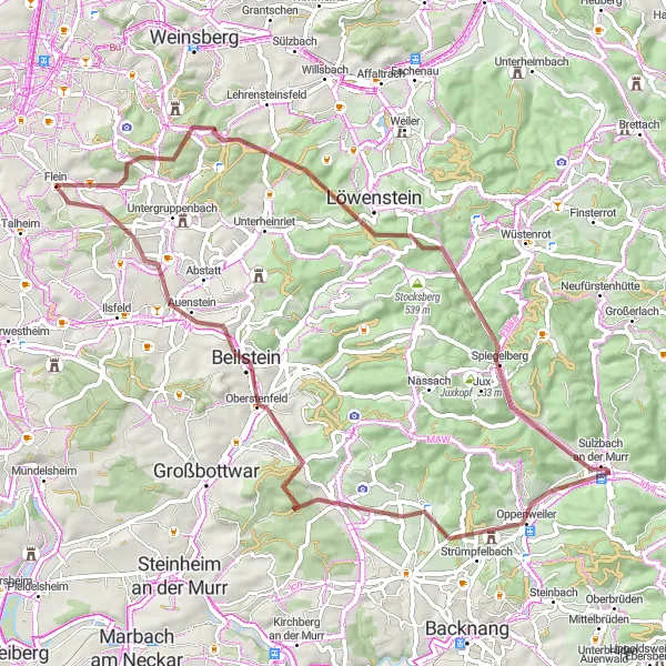 Map miniature of "Flein - Sandberg - Löwenstein - Stocksberg - Oppenweiler - Grießberg - Beilstein - Eselsberg - Flein" cycling inspiration in Stuttgart, Germany. Generated by Tarmacs.app cycling route planner