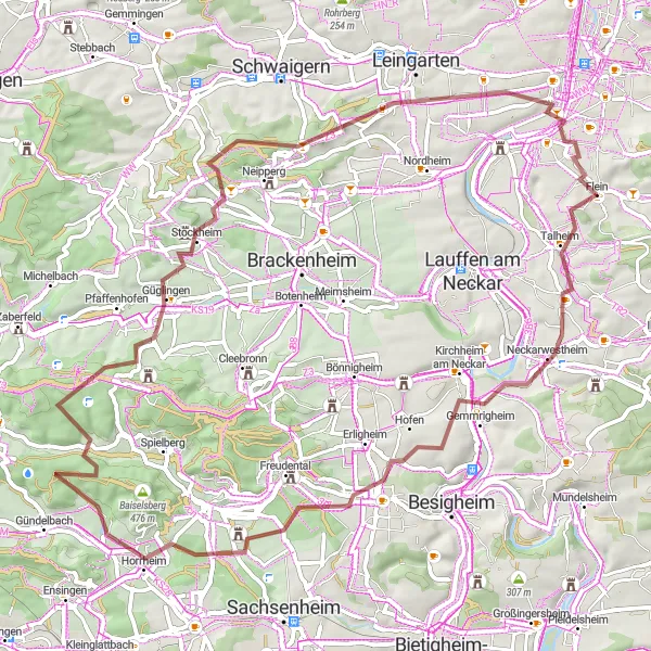 Map miniature of "Flein - Löchgau - Horrheim - Aussichtspunkt Weißer Steinbruch Pfaffenhofen - Stockheim - Heuchelberger Warte - Sontheim - Flein" cycling inspiration in Stuttgart, Germany. Generated by Tarmacs.app cycling route planner