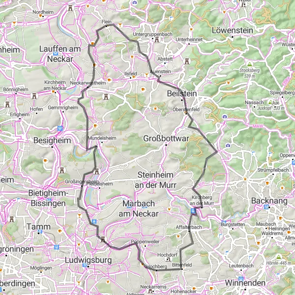 Map miniature of "Flein - Hagelsberg - Beilstein - Kaisersberg - Affalterbach - Naturbeobachtungsplatz Storchennest - Ingersheim - Neckarwestheim" cycling inspiration in Stuttgart, Germany. Generated by Tarmacs.app cycling route planner