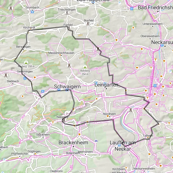 Map miniature of "Flein - Lauffen am Neckar - Fröschberg - Gemmingen - Neuberg - Kirchardt - Eckberg - Sontheim" cycling inspiration in Stuttgart, Germany. Generated by Tarmacs.app cycling route planner