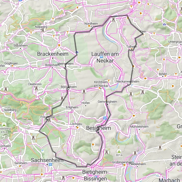Map miniature of "Flein - Gemmrigheim - Auf der Mauer - Schönenberg - Freudental - Nordheim - Karmeliterhäuschen - Flein" cycling inspiration in Stuttgart, Germany. Generated by Tarmacs.app cycling route planner