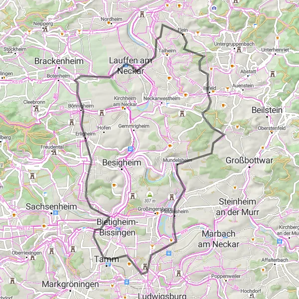 Map miniature of "The Neckar Valley Road" cycling inspiration in Stuttgart, Germany. Generated by Tarmacs.app cycling route planner