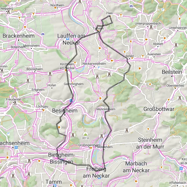 Map miniature of "The Enchanting Neckar Meadows" cycling inspiration in Stuttgart, Germany. Generated by Tarmacs.app cycling route planner