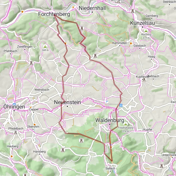 Karten-Miniaturansicht der Radinspiration "Burgentour rund um Forchtenberg" in Stuttgart, Germany. Erstellt vom Tarmacs.app-Routenplaner für Radtouren