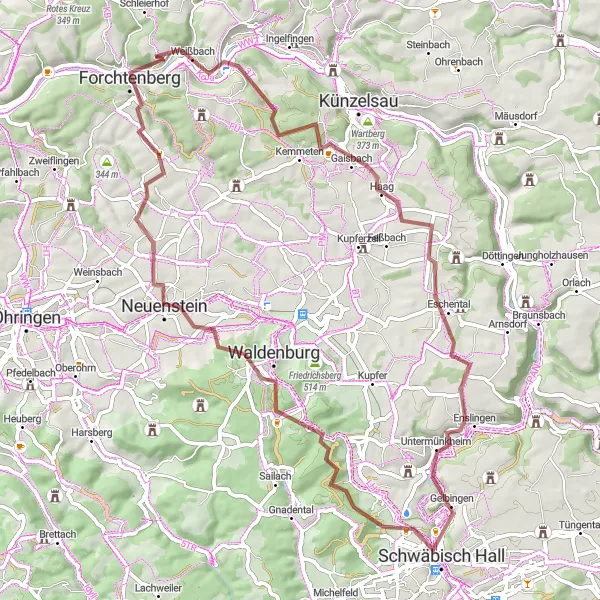 Map miniature of "Challenging Gravel Adventure" cycling inspiration in Stuttgart, Germany. Generated by Tarmacs.app cycling route planner