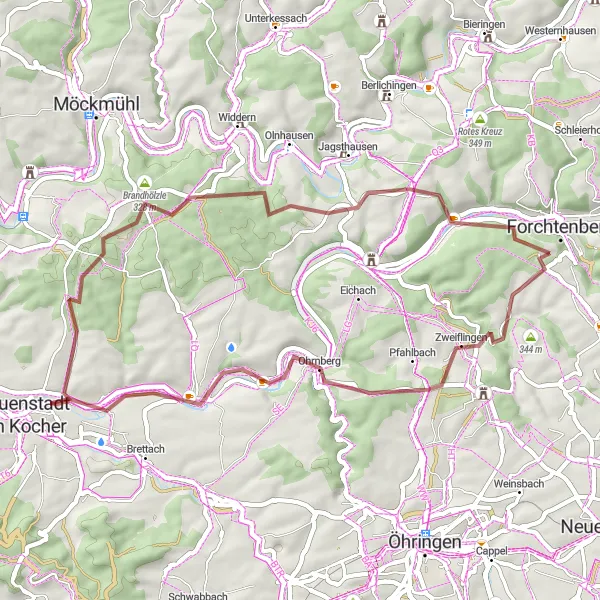 Karten-Miniaturansicht der Radinspiration "Graveltour Limes Blick Zweiflingen - Forchtenberg" in Stuttgart, Germany. Erstellt vom Tarmacs.app-Routenplaner für Radtouren