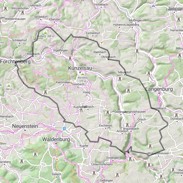 Map miniature of "Breathtaking Road to Ruins" cycling inspiration in Stuttgart, Germany. Generated by Tarmacs.app cycling route planner
