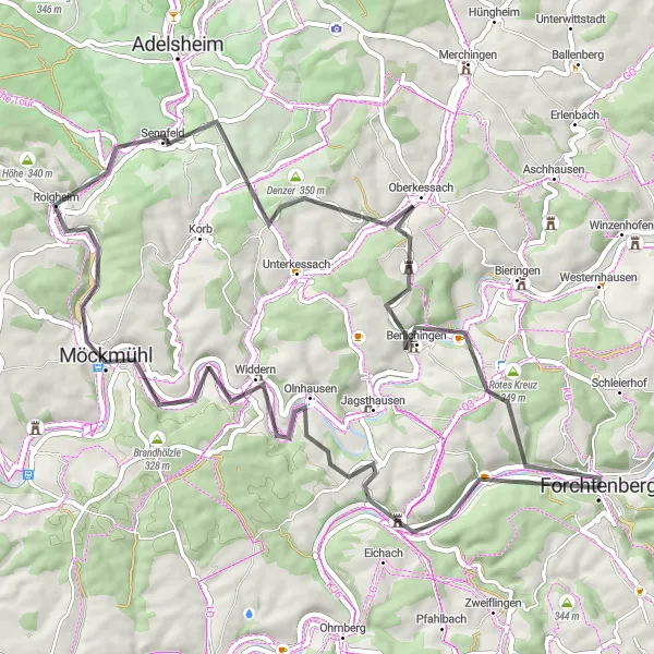 Karten-Miniaturansicht der Radinspiration "Straßentour Widdern - Forchtenberg" in Stuttgart, Germany. Erstellt vom Tarmacs.app-Routenplaner für Radtouren