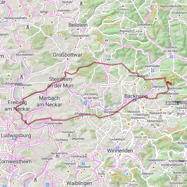 Karten-Miniaturansicht der Radinspiration "Entdeckungstour durch Freiberg und Affalterbach" in Stuttgart, Germany. Erstellt vom Tarmacs.app-Routenplaner für Radtouren