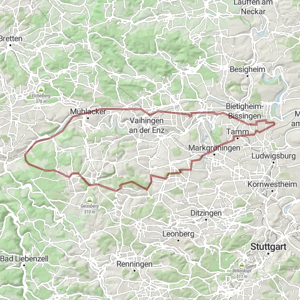 Karten-Miniaturansicht der Radinspiration "Erlebnisreiche Schotterwege und majestätische Felsen auf dieser Route" in Stuttgart, Germany. Erstellt vom Tarmacs.app-Routenplaner für Radtouren