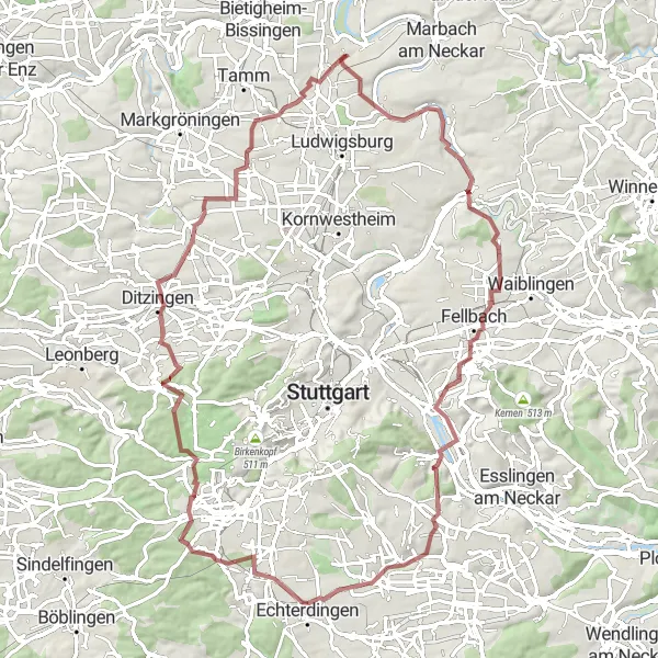 Karten-Miniaturansicht der Radinspiration "Abenteuerliche Gravel-Tour durch die Weinberge" in Stuttgart, Germany. Erstellt vom Tarmacs.app-Routenplaner für Radtouren