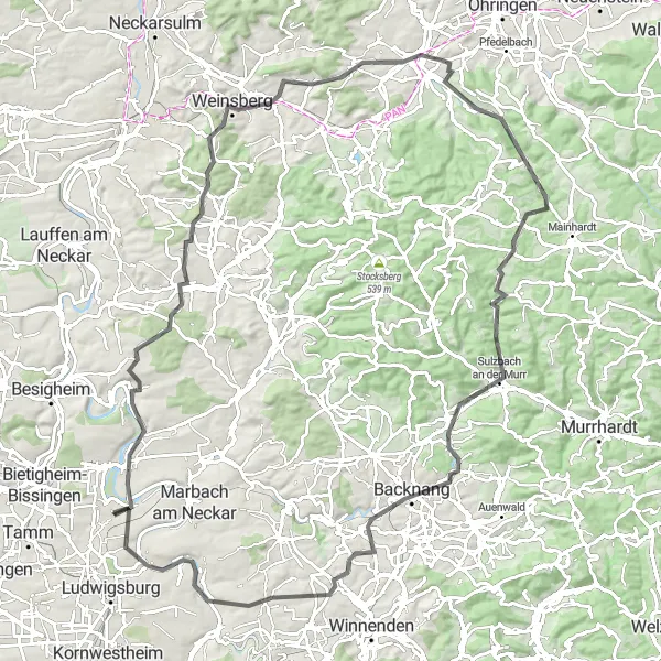 Karten-Miniaturansicht der Radinspiration "Entdeckungsreise entlang der Weinberge und historischen Schlösser" in Stuttgart, Germany. Erstellt vom Tarmacs.app-Routenplaner für Radtouren