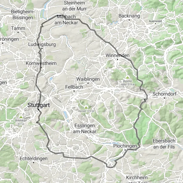 Map miniature of "Neckartal Cycle Route" cycling inspiration in Stuttgart, Germany. Generated by Tarmacs.app cycling route planner