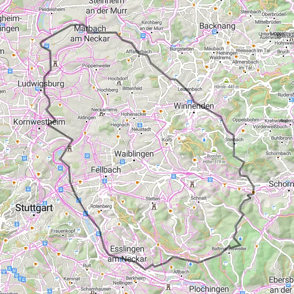 Map miniature of "Neckar Valley Loop" cycling inspiration in Stuttgart, Germany. Generated by Tarmacs.app cycling route planner