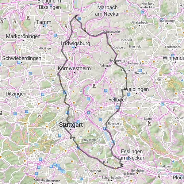 Map miniature of "Neckar Hills" cycling inspiration in Stuttgart, Germany. Generated by Tarmacs.app cycling route planner