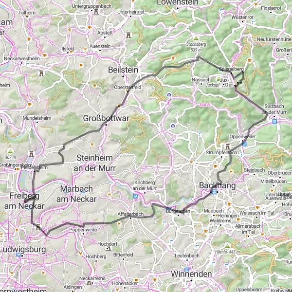 Map miniature of "Rolling Vineyards Ride" cycling inspiration in Stuttgart, Germany. Generated by Tarmacs.app cycling route planner
