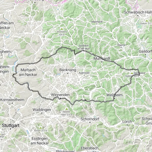 Map miniature of "Grand Neckar Circuit" cycling inspiration in Stuttgart, Germany. Generated by Tarmacs.app cycling route planner