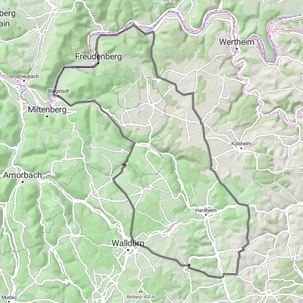 Map miniature of "The Dorfprozelten Loop" cycling inspiration in Stuttgart, Germany. Generated by Tarmacs.app cycling route planner