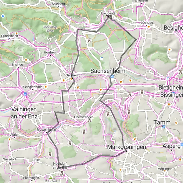 Karten-Miniaturansicht der Radinspiration "Erkunden Sie die malerische Umgebung von Sachsenheim" in Stuttgart, Germany. Erstellt vom Tarmacs.app-Routenplaner für Radtouren