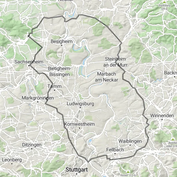 Karten-Miniaturansicht der Radinspiration "Eindrucksvoller Radweg ab Freudental" in Stuttgart, Germany. Erstellt vom Tarmacs.app-Routenplaner für Radtouren