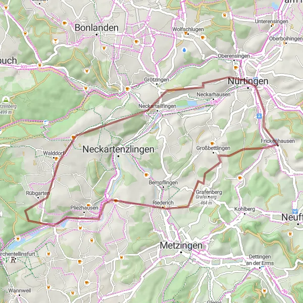 Map miniature of "Großbettlingen to Frickenhausen" cycling inspiration in Stuttgart, Germany. Generated by Tarmacs.app cycling route planner