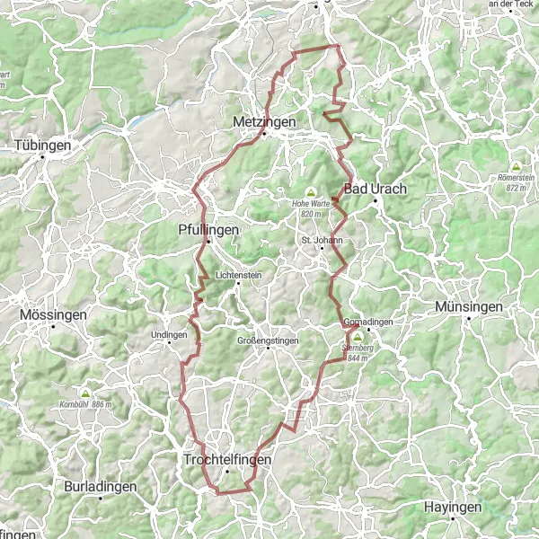 Karten-Miniaturansicht der Radinspiration "Gravel-Abenteuer um Reutlingen" in Stuttgart, Germany. Erstellt vom Tarmacs.app-Routenplaner für Radtouren