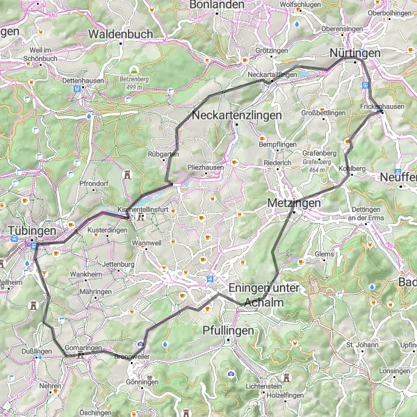 Map miniature of "Scenic Tour to Tübingen" cycling inspiration in Stuttgart, Germany. Generated by Tarmacs.app cycling route planner