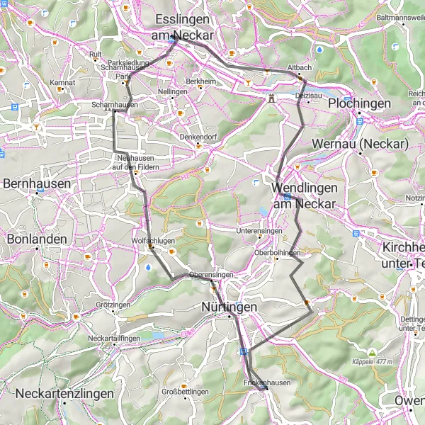 Map miniature of "Ersberg and Esslingen am Neckar Loop" cycling inspiration in Stuttgart, Germany. Generated by Tarmacs.app cycling route planner