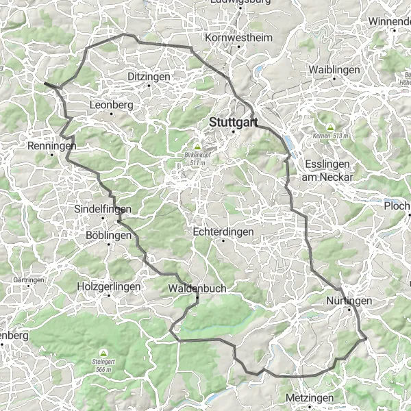 Karten-Miniaturansicht der Radinspiration "Hügelige Straßen um Stuttgart" in Stuttgart, Germany. Erstellt vom Tarmacs.app-Routenplaner für Radtouren