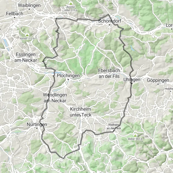 Karten-Miniaturansicht der Radinspiration "Faszinierende Rundfahrt von Frickenhausen" in Stuttgart, Germany. Erstellt vom Tarmacs.app-Routenplaner für Radtouren
