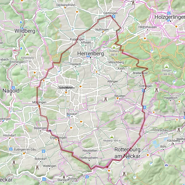 Karten-Miniaturansicht der Radinspiration "Stellberg Kuppingen Schotterrunde" in Stuttgart, Germany. Erstellt vom Tarmacs.app-Routenplaner für Radtouren