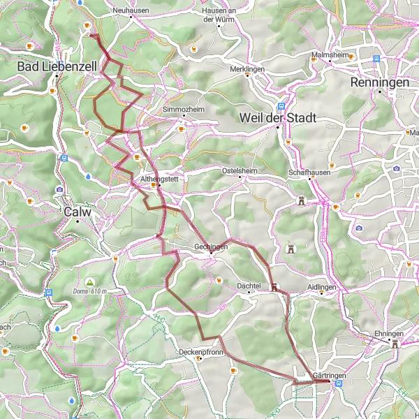 Map miniature of "The Forests and Valleys Tour" cycling inspiration in Stuttgart, Germany. Generated by Tarmacs.app cycling route planner