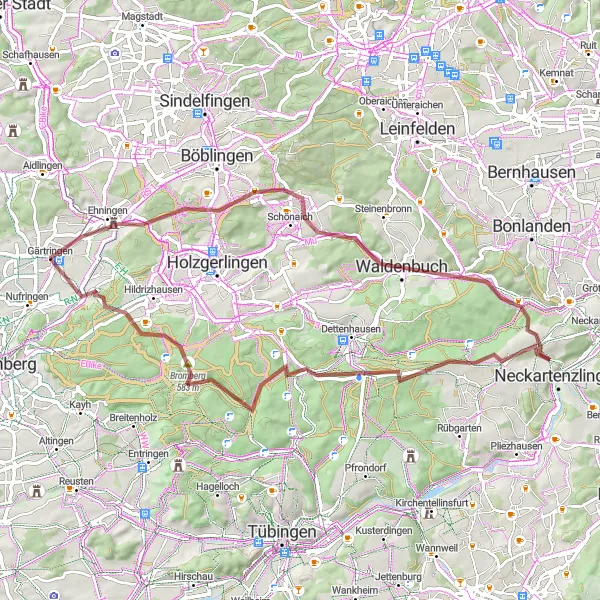Map miniature of "Exploring the Gravel Roads of Ehningen and Gärtringen" cycling inspiration in Stuttgart, Germany. Generated by Tarmacs.app cycling route planner