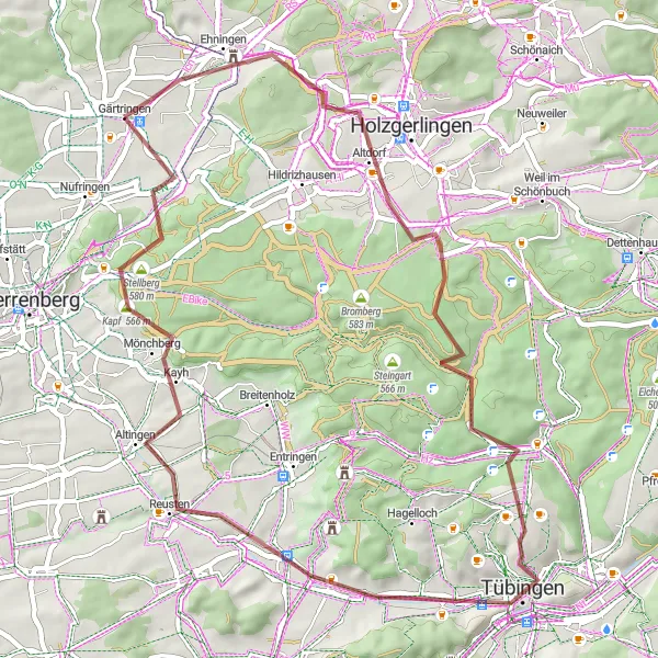 Map miniature of "Hidden Gems: Gärtringen Forgotten Routes" cycling inspiration in Stuttgart, Germany. Generated by Tarmacs.app cycling route planner