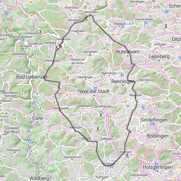 Karten-Miniaturansicht der Radinspiration "Althengstett Ehningen Rundkurs" in Stuttgart, Germany. Erstellt vom Tarmacs.app-Routenplaner für Radtouren