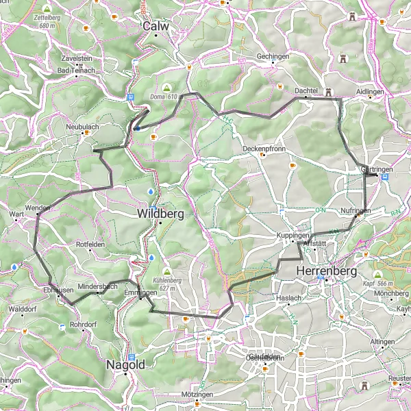 Map miniature of "Around Nufringen by Road Bike" cycling inspiration in Stuttgart, Germany. Generated by Tarmacs.app cycling route planner