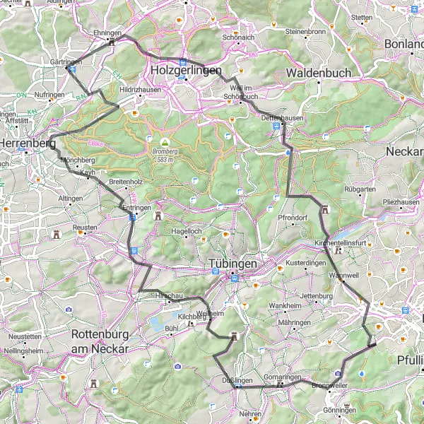 Karten-Miniaturansicht der Radinspiration "Radtour um Gärtringen mit Schönbuchturm und Betzingen" in Stuttgart, Germany. Erstellt vom Tarmacs.app-Routenplaner für Radtouren