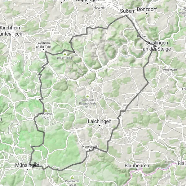Karten-Miniaturansicht der Radinspiration "Panoramastraße durch Albhöhen" in Stuttgart, Germany. Erstellt vom Tarmacs.app-Routenplaner für Radtouren