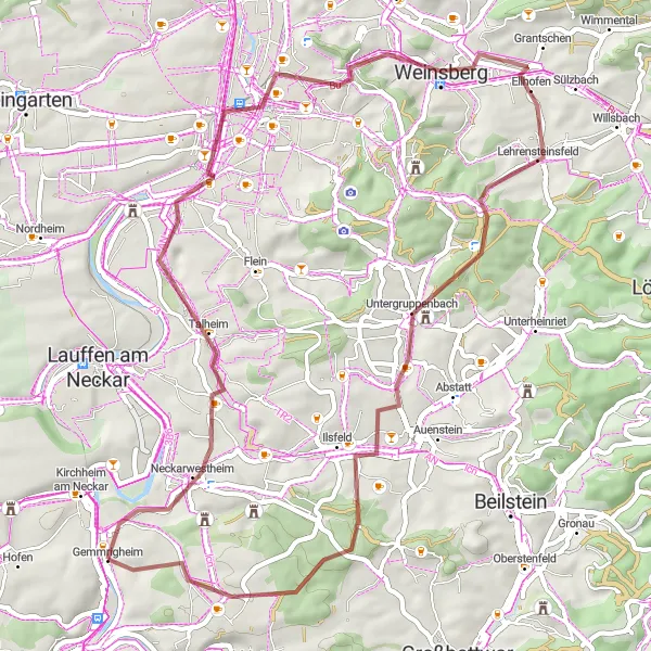 Karten-Miniaturansicht der Radinspiration "Gravel-Abenteuer um Gemmrigheim" in Stuttgart, Germany. Erstellt vom Tarmacs.app-Routenplaner für Radtouren