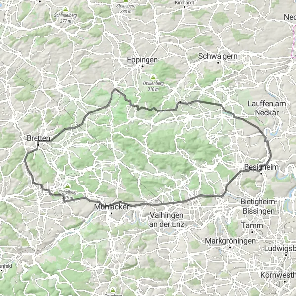 Karten-Miniaturansicht der Radinspiration "Rund um Gemmrigheim und Bretten" in Stuttgart, Germany. Erstellt vom Tarmacs.app-Routenplaner für Radtouren