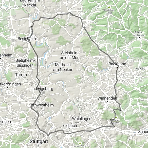 Karten-Miniaturansicht der Radinspiration "Hügeliges Abenteuer entlang der Weinberge" in Stuttgart, Germany. Erstellt vom Tarmacs.app-Routenplaner für Radtouren