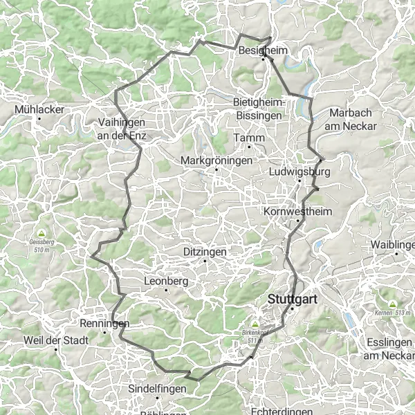 Karten-Miniaturansicht der Radinspiration "Herausfordernde Tour durch Besigheim und Löchgau" in Stuttgart, Germany. Erstellt vom Tarmacs.app-Routenplaner für Radtouren