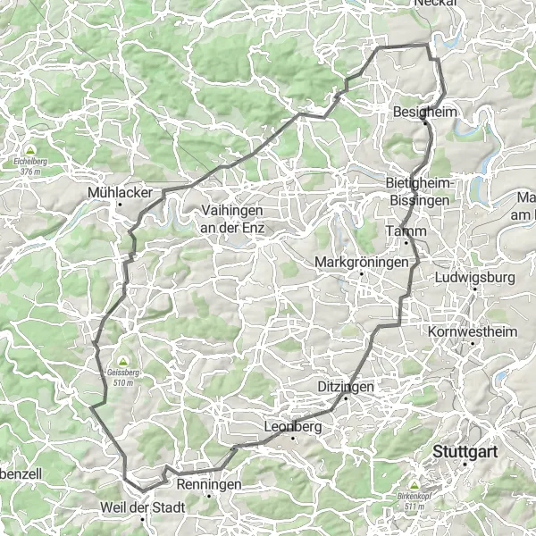 Karten-Miniaturansicht der Radinspiration "Panorama-Rundtour durch die Region Stuttgart" in Stuttgart, Germany. Erstellt vom Tarmacs.app-Routenplaner für Radtouren
