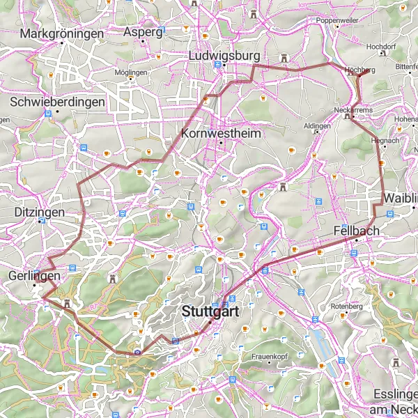 Karten-Miniaturansicht der Radinspiration "Abenteuerlicher Schotterweg ab Gerlingen" in Stuttgart, Germany. Erstellt vom Tarmacs.app-Routenplaner für Radtouren