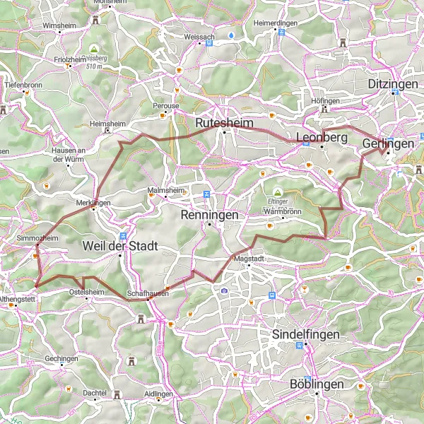 Map miniature of "Gerlingen - Warmbronner Kopf - Magstadt - Ostelsheim - Maiberg - Rutesheim - Engelberg - Gerlingen" cycling inspiration in Stuttgart, Germany. Generated by Tarmacs.app cycling route planner